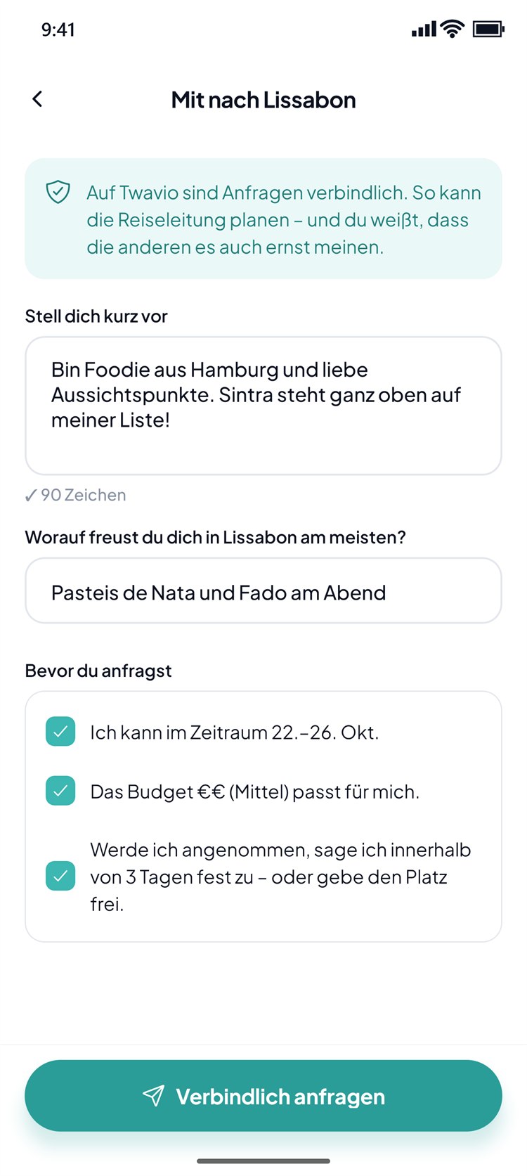 Twavio App: verbindliche Anfrage mit Vorstellung und Bestätigungen