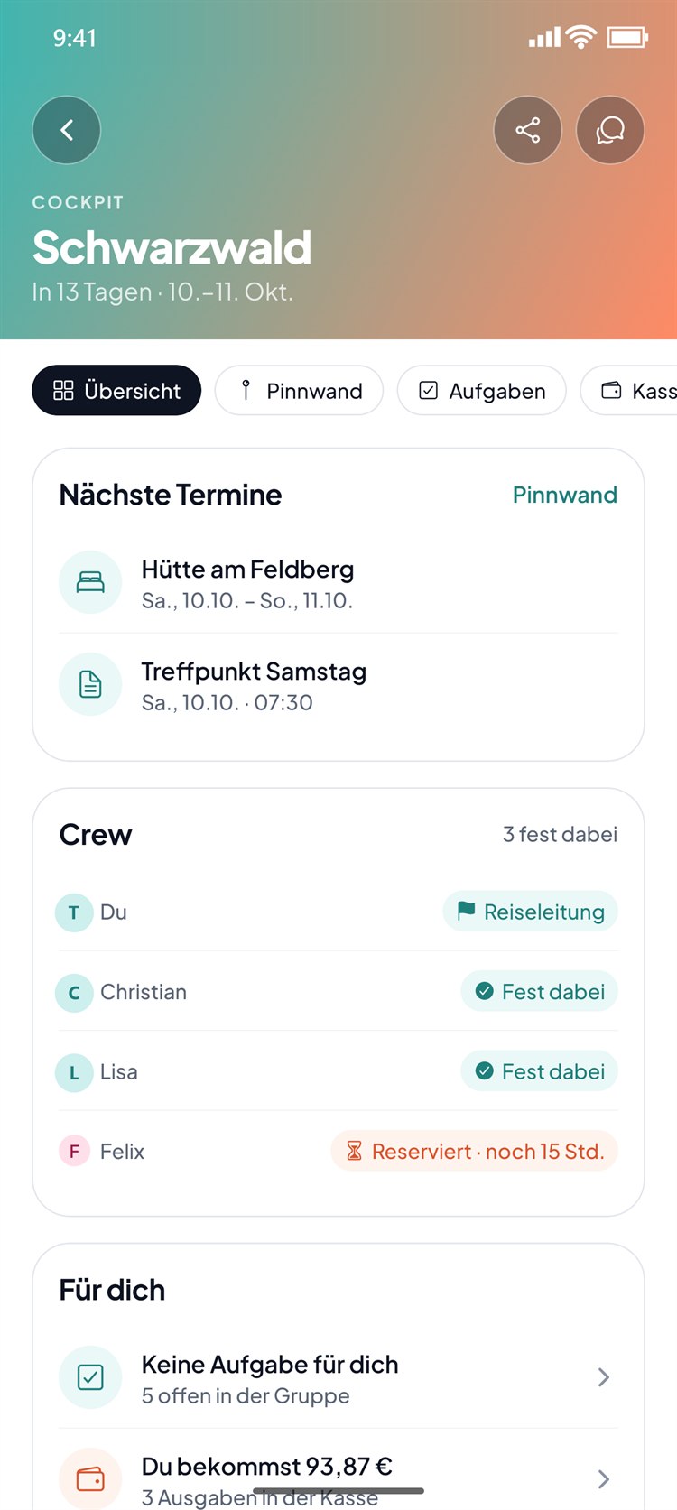 Twavio App: Gruppen-Cockpit mit nächsten Terminen und Crew
