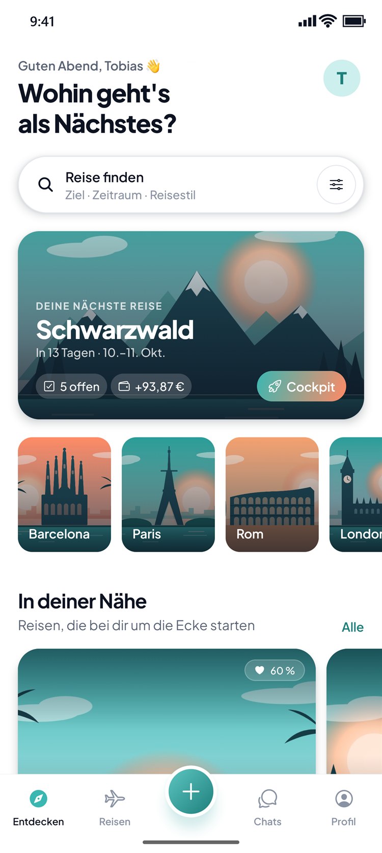 Twavio App: Startseite mit nächster Reise, beliebten Zielen und Reisen in der Nähe