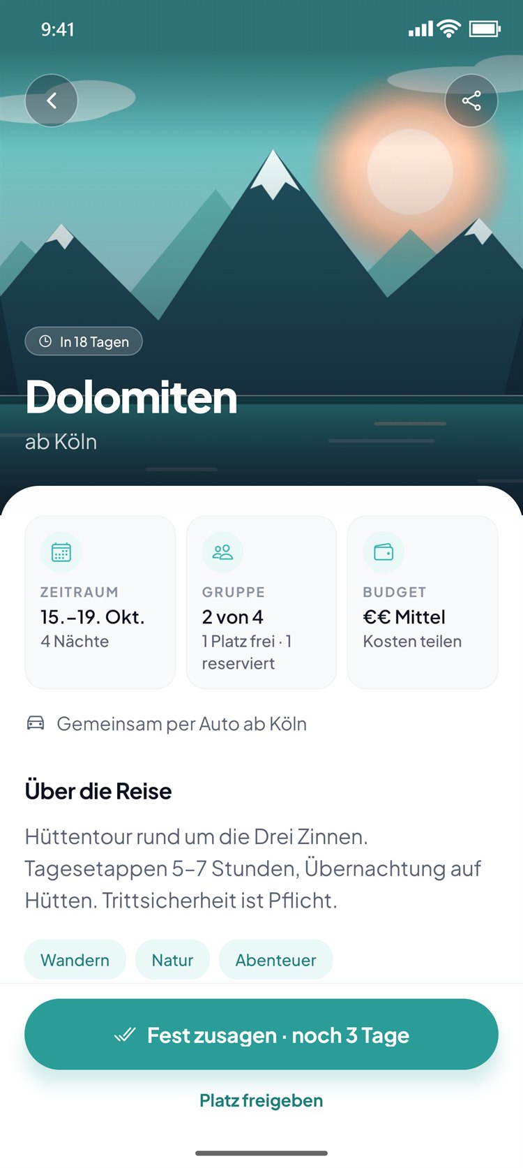 Twavio App: Reise mit reserviertem Platz und Button Fest zusagen